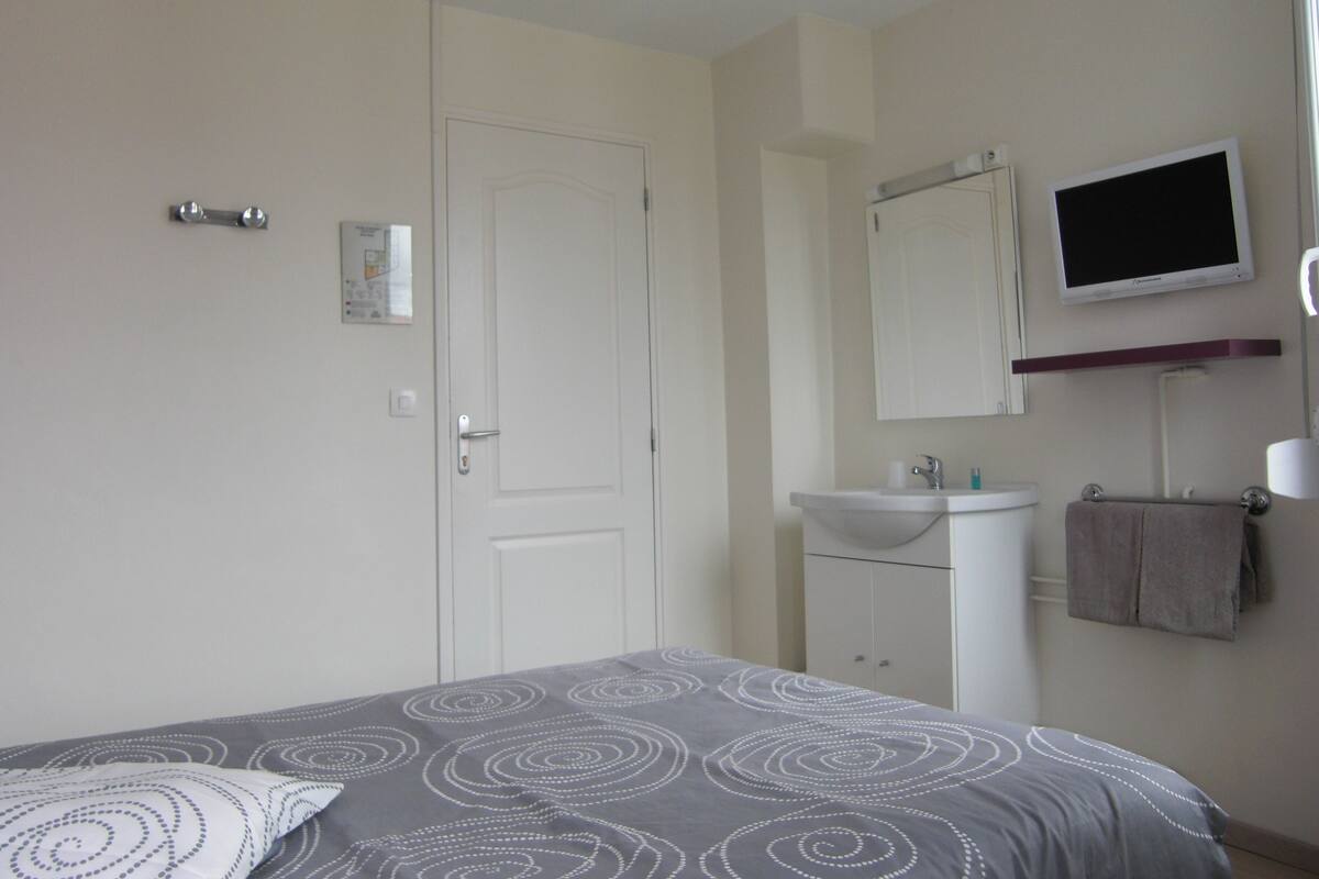 A bedroom with a bed, a white door, a wall-mounted TV, a sink, and a towel rack.