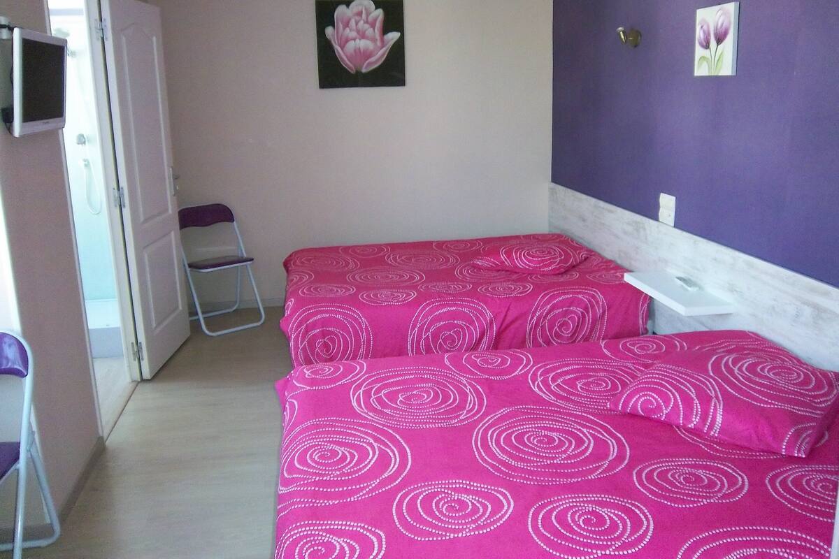 A room with two beds, a chair, a door, and a wall with two paintings.