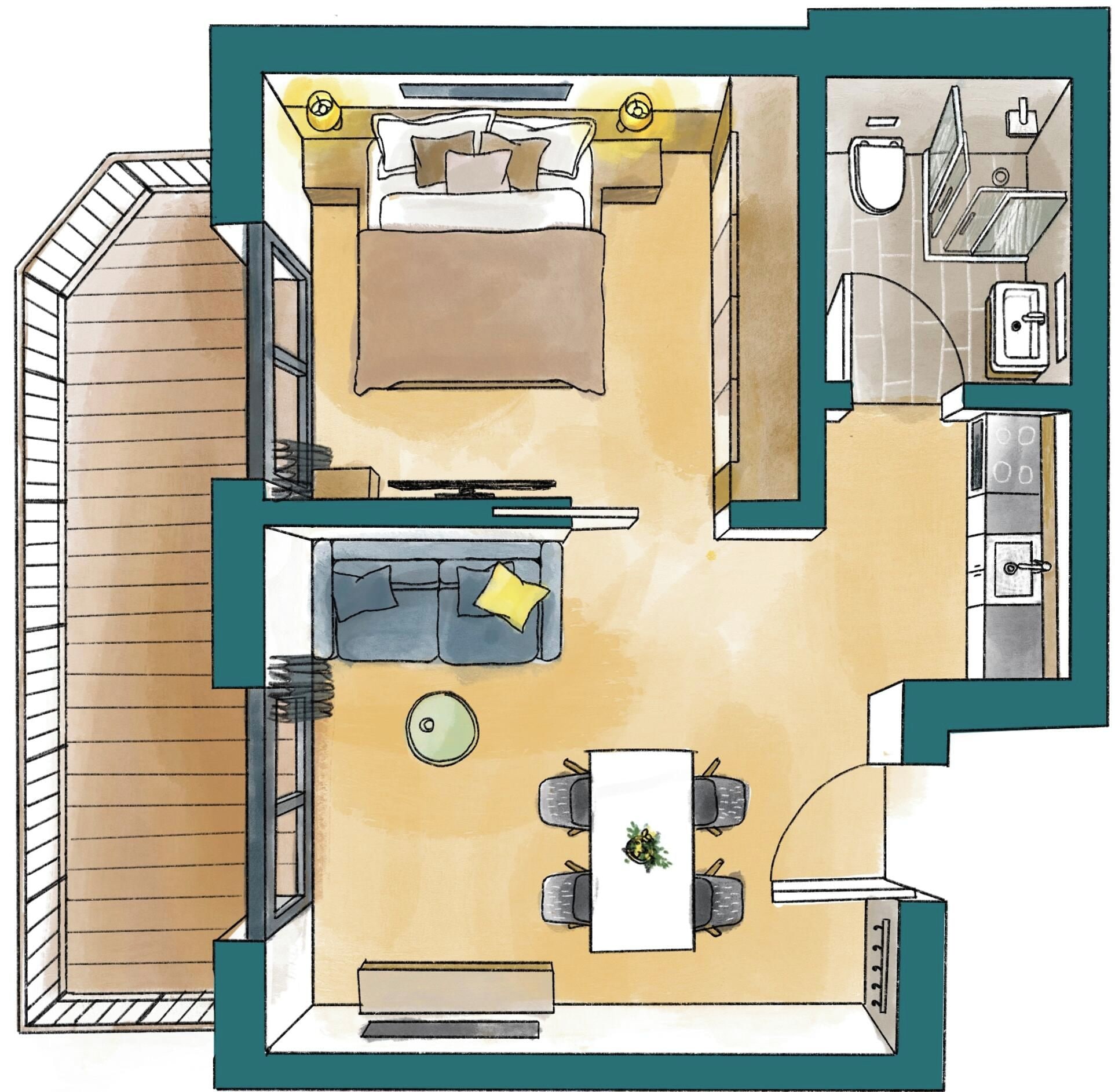 Planta baixa de um quarto de hotel com cama, sofá, mesa de jantar e cozinha.