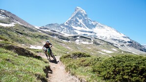 Un vététiste sur un sentier de terre, avec un sommet enneigé en arrière-plan.
