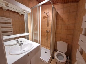 A bathroom with a shower enclosure, a sink, and a toilet.