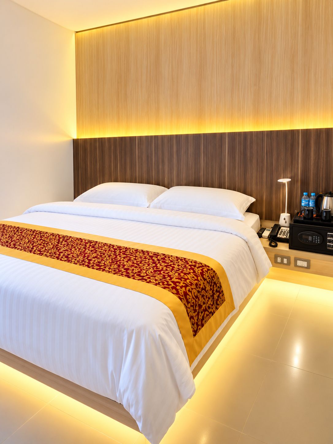 Una habitación de hotel con una cama grande, una mesita de noche con lámpara y un minibar.