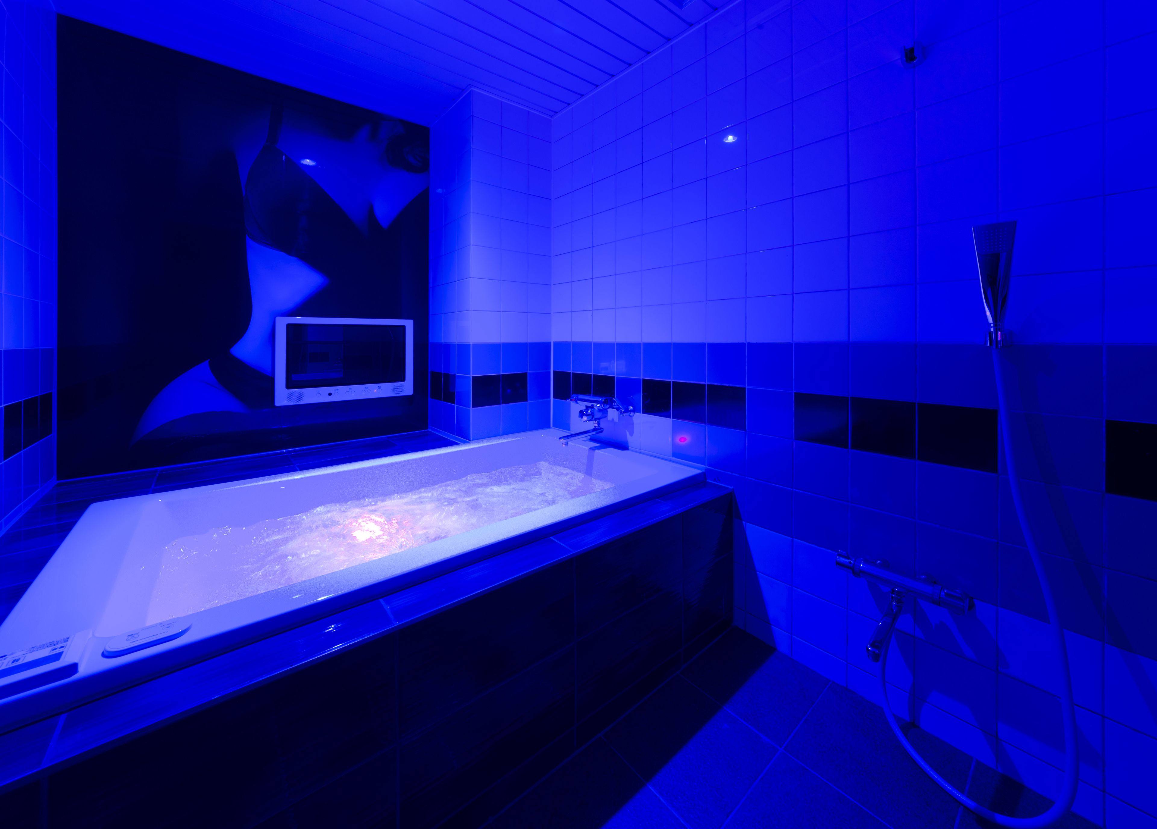 Un bagno moderno con una vasca da bagno ampia, una doccia e un televisore a parete.