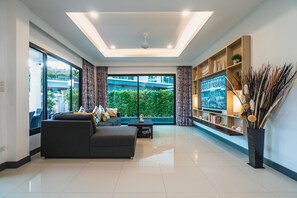 Luxury Villa | Living room | 60-inch flat-screen TV with digital channels, TV, Netflix - The White Pool Villa Kamala Beach Phuket (Kamala)