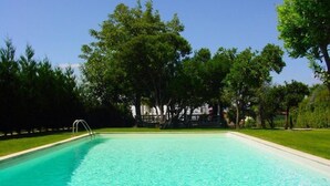 A rectangular swimming pool with clear blue water, surrounded by a well-maintained lawn and trees. - Hotel Rural Quinta da Vista Alegre (Pacos De Ferreira)