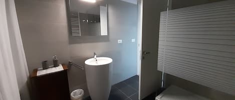 Hair dryer, towels, soap