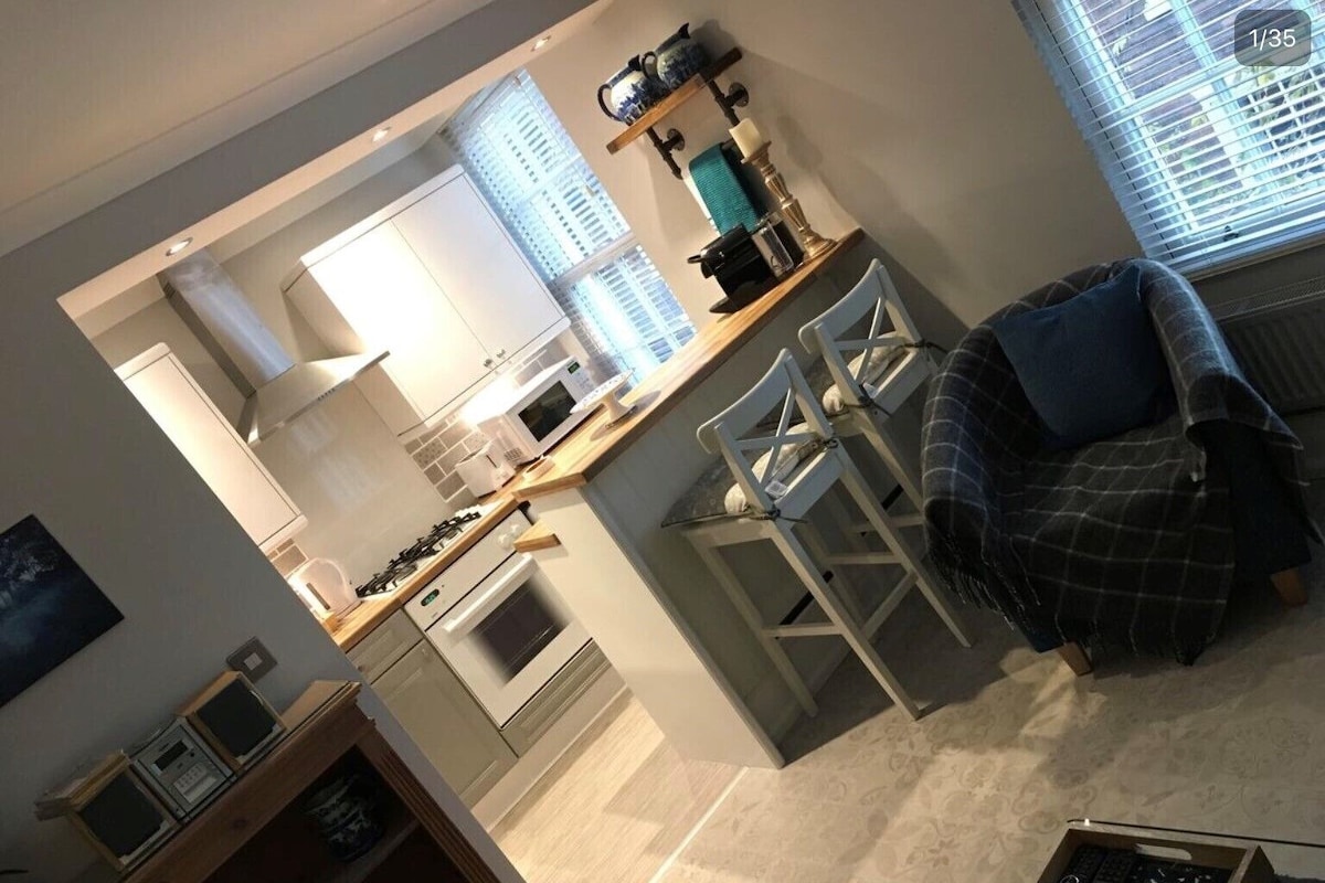 A compact living space with a kitchenette, a dining area with chairs, and a sofa.