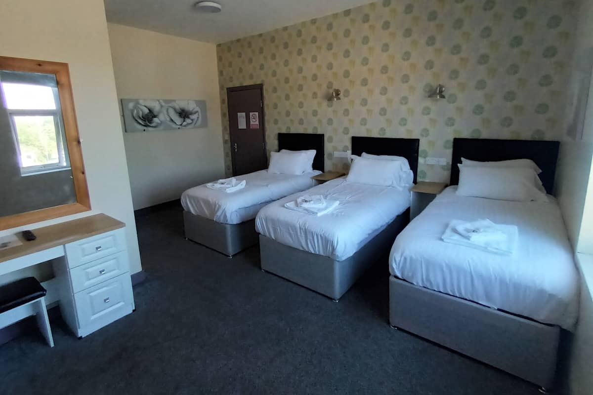 A hotel room with two single beds, a desk with drawers, a mirror, and a door.