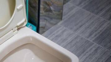 Des toilettes avec un abattant surélevé et un bidet fixé au mur.