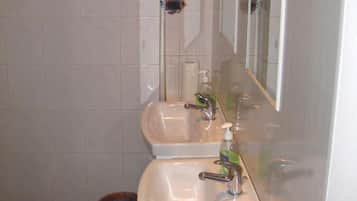 Shower, hair dryer, slippers, towels