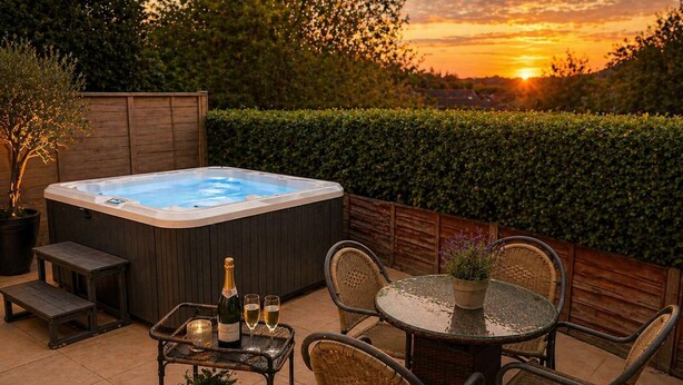 Ein Whirlpool, Sitzgelegenheit im Freien und Blick auf den Sonnenuntergang.