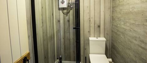 A small, compact bathroom with a wooden wall, a white toilet, a showerhead, and a handheld shower attachment.