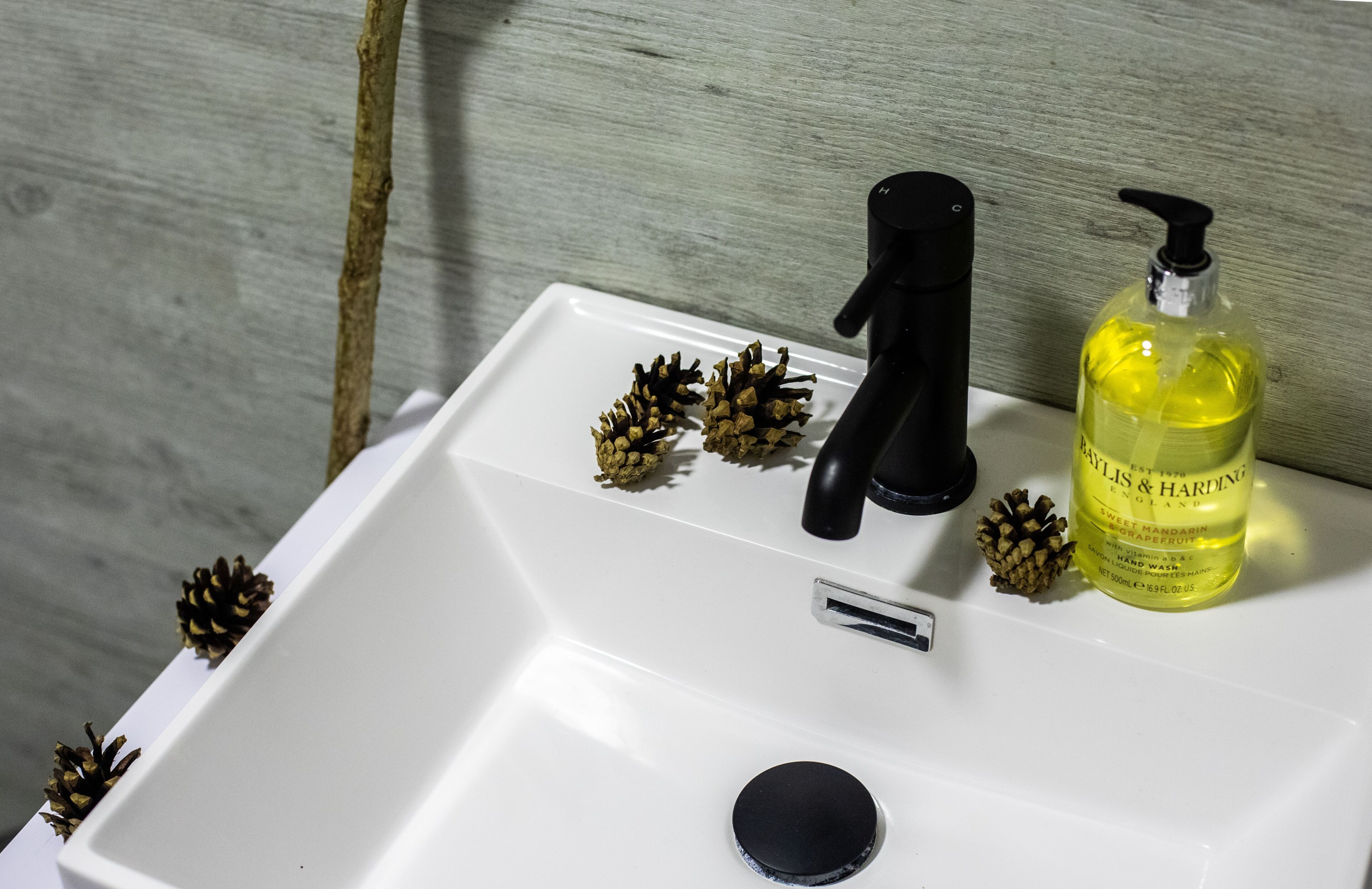A white bathroom sink with a black faucet, a bottle of hand soap, and pine cones on the edge.