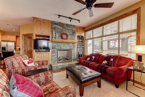 Smart TV, fireplace, DVD player, books