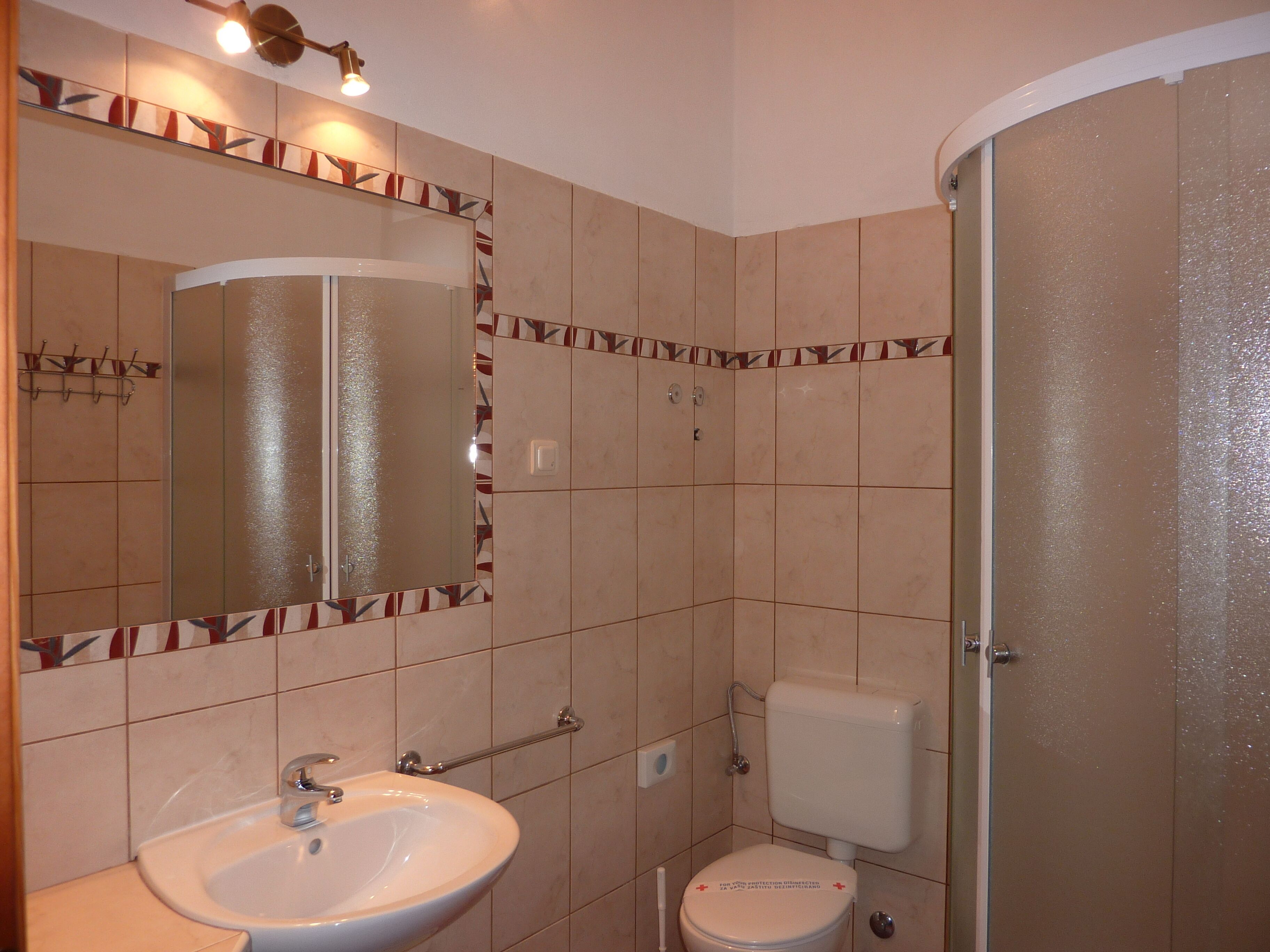 Un baño con lavamanos, espejo, inodoro y ducha.