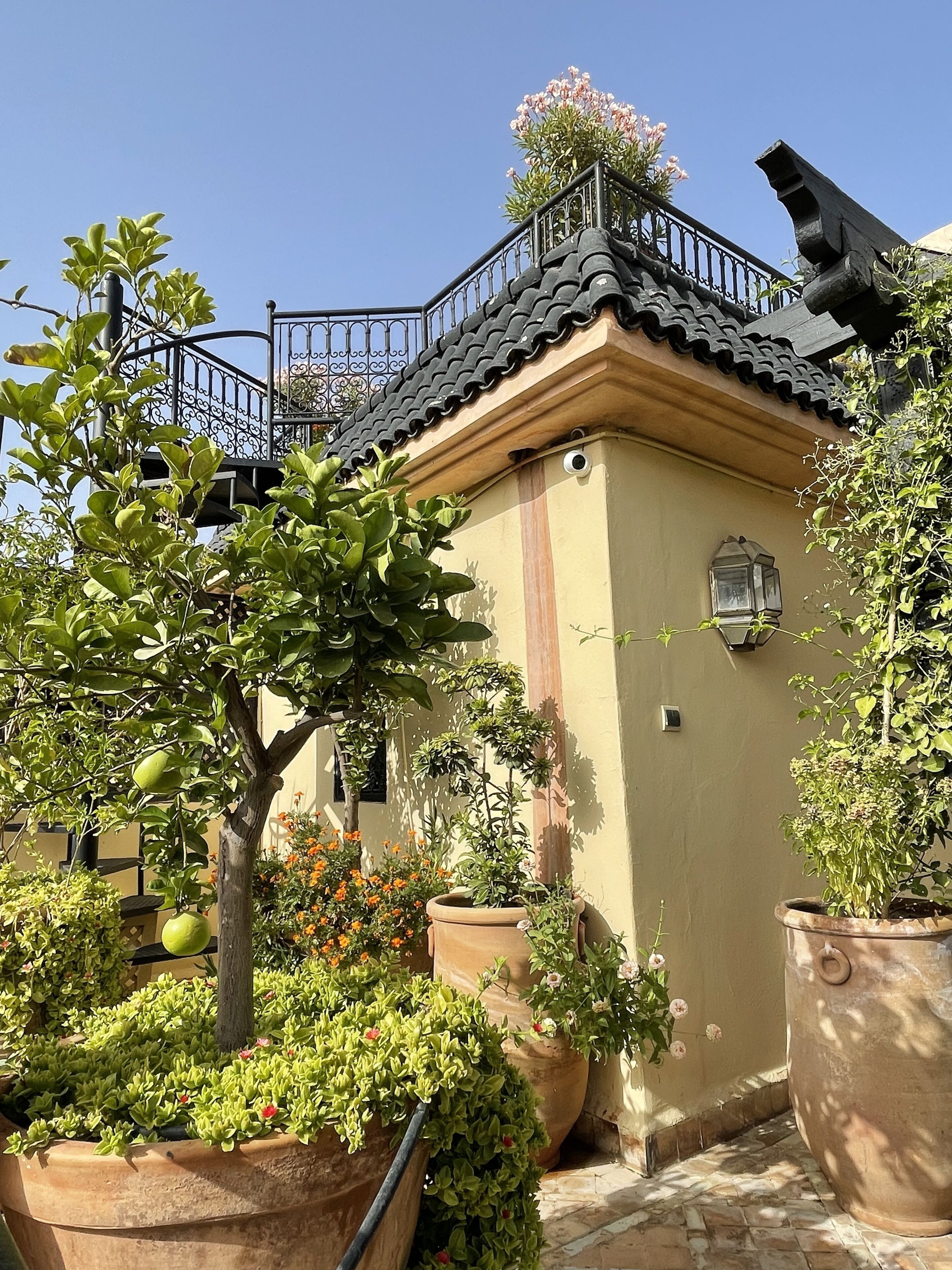 A building with a tiled roof and a balcony with a wrought iron railing.