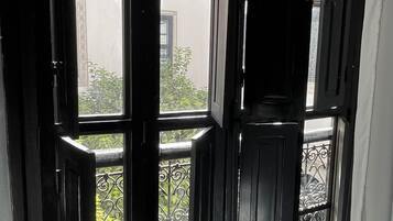 Una puerta negra con varios paneles de vidrio y barandilla de balcón metálica.