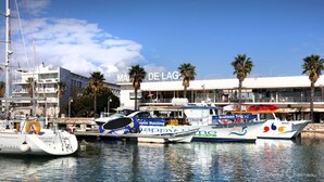 A marina with several boats docked, a building with 'MADE DE LAGO' signage, and palm trees in the background. - Jacuzzi Apartment   (Lagos)