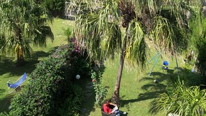 A garden with a palm tree, a swing, and a chair. - semidetached beach villa in front of eolian island near Milazzo: Tindari (furnari)
