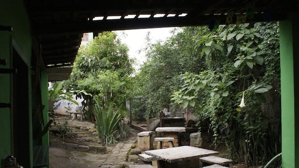 A rustic outdoor area with stone steps leading to a wooden table and benches, surrounded by lush greenery and a green wall. - Pousada Recanto Verde (Sao Benedito do Sul)