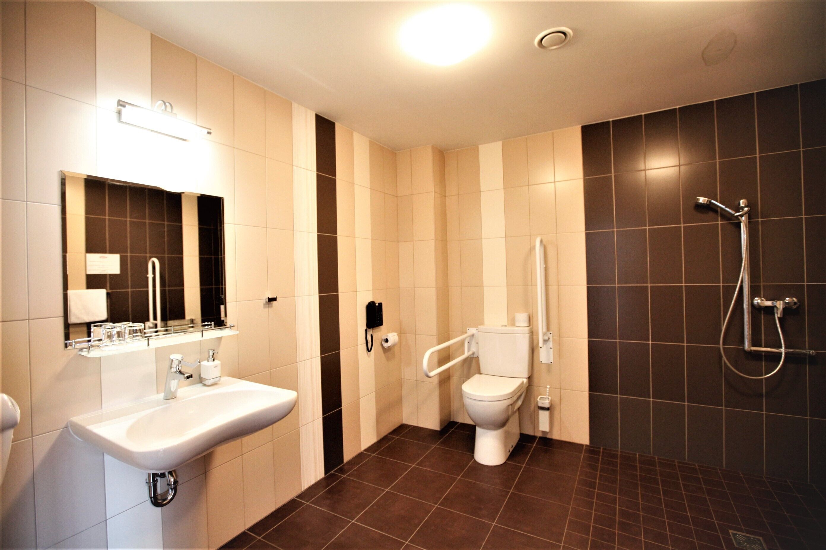 twin room, accessible | bathroom | shower, hair dryer, towels, soap