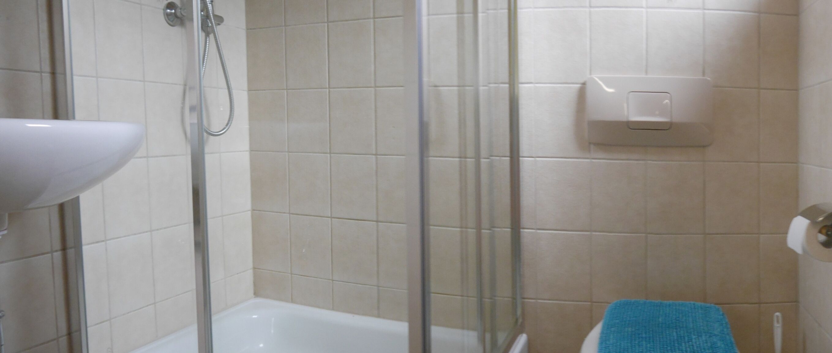 A bathroom with a shower, a sink, and a toilet.