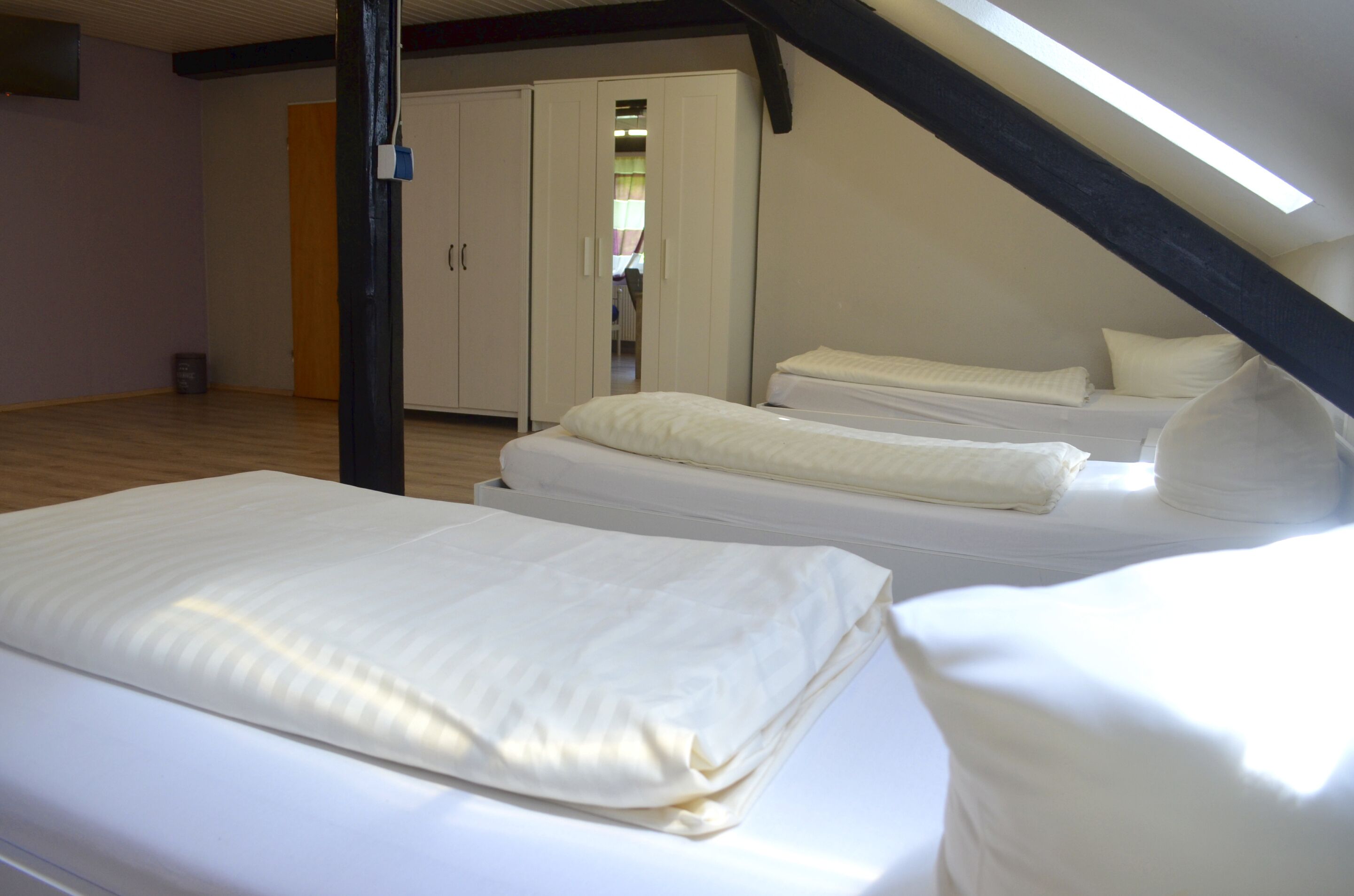 A bedroom with two beds, a wardrobe, and a skylight.
