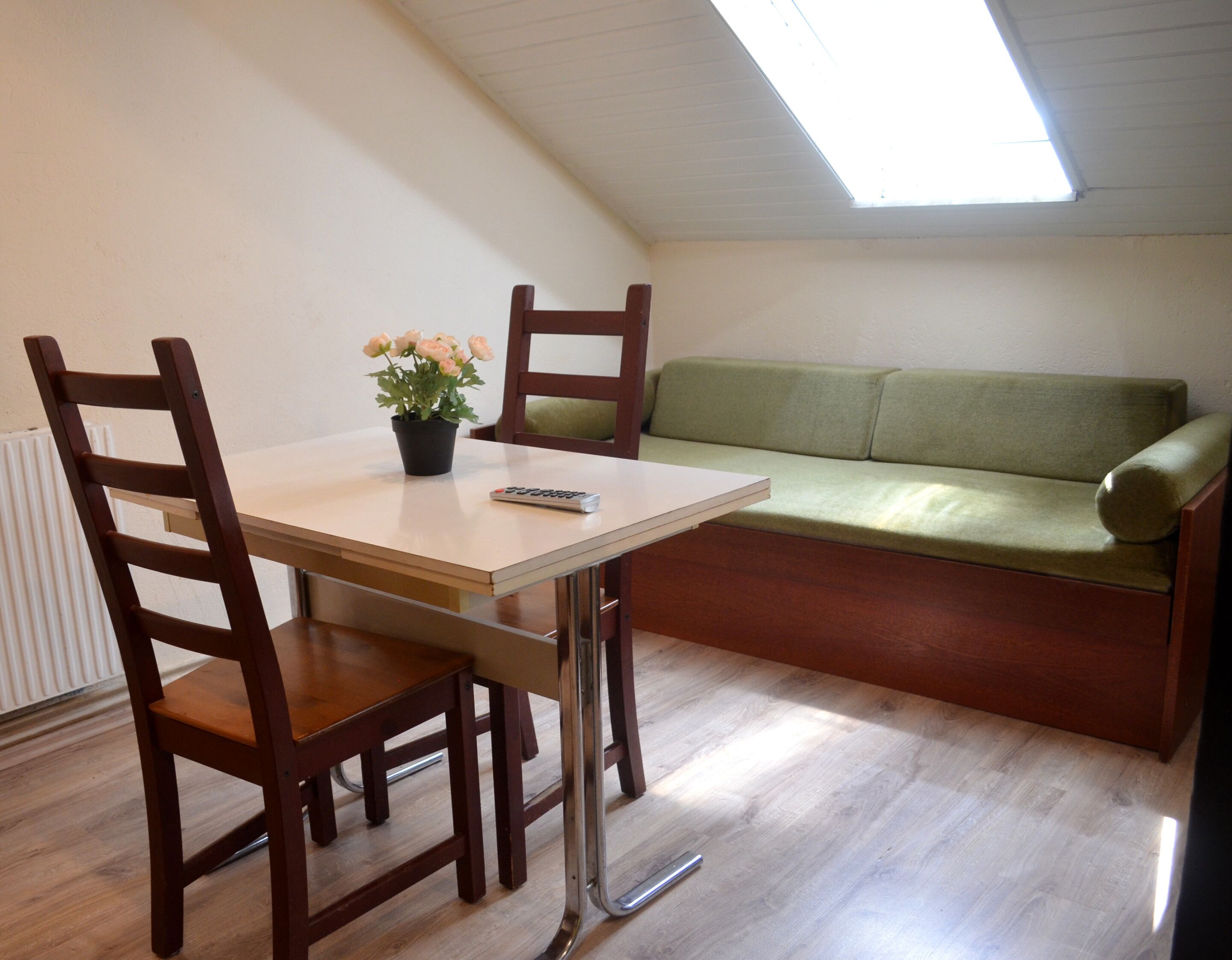 Un espacio habitable compacto con una mesa de comedor, dos sillas, un sofá verde y una planta en maceta.