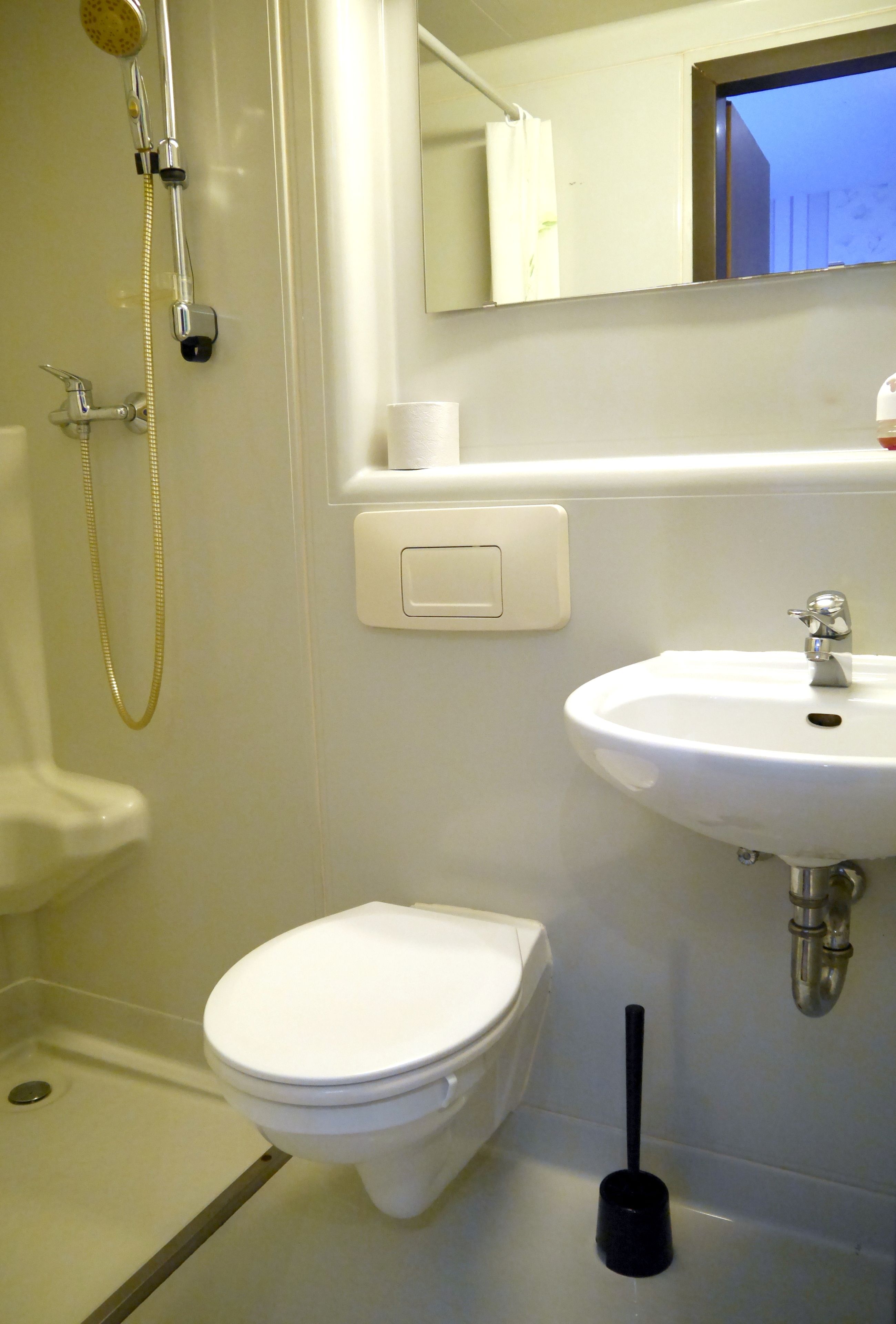 Ein Badezimmer mit Toilette, Waschbecken und Dusche.