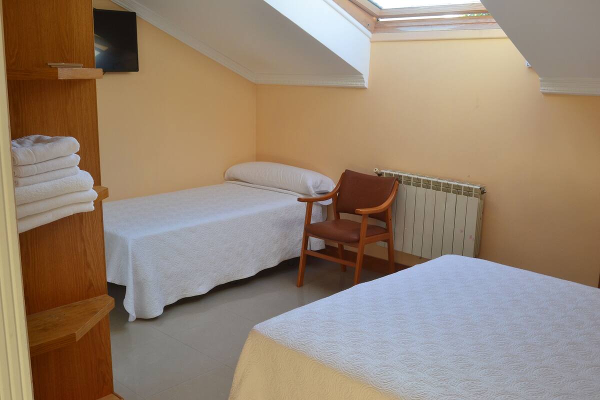 A bedroom with two beds, a wooden chair, a radiator, and a skylight.