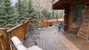 A wooden deck with outdoor furniture, including chairs and a table, overlooking a forested area. - Taylor Canyon Cabin in Almont (Almont)
