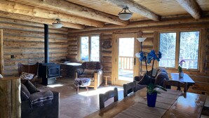 A log cabin interior with a fireplace, wooden furniture, and large windows. - Taylor Canyon Cabin in Almont (Almont)