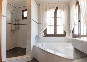 Combined shower/tub, hair dryer, towels, toilet paper