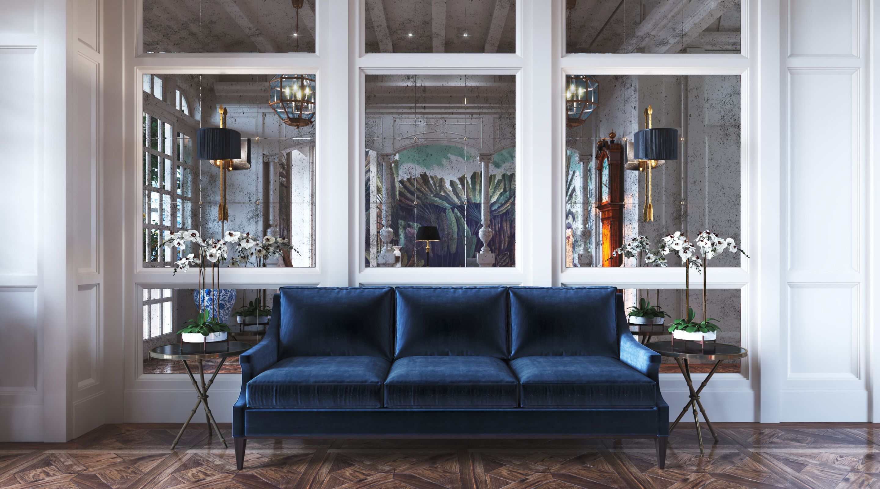 Un sofá azul en una habitación con ventanas amplias, suelos de madera y lámparas decorativas.