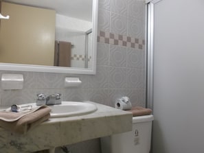 Habitación doble estándar | Baño | Regadera, amenidades de baño gratuitas, secadora de cabello, toallas 