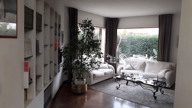 Sala de estar com sofá branco, mesa de centro e uma planta grande em vaso. Há uma estante com livros e objetos decorativos na parede esquerda.