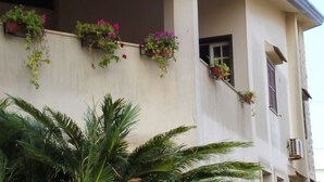 Um edifício com vários vasos de flores na parede externa, uma janela com persianas e uma palmeira em primeiro plano.