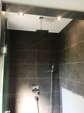 Shower, towels, soap, toilet paper
