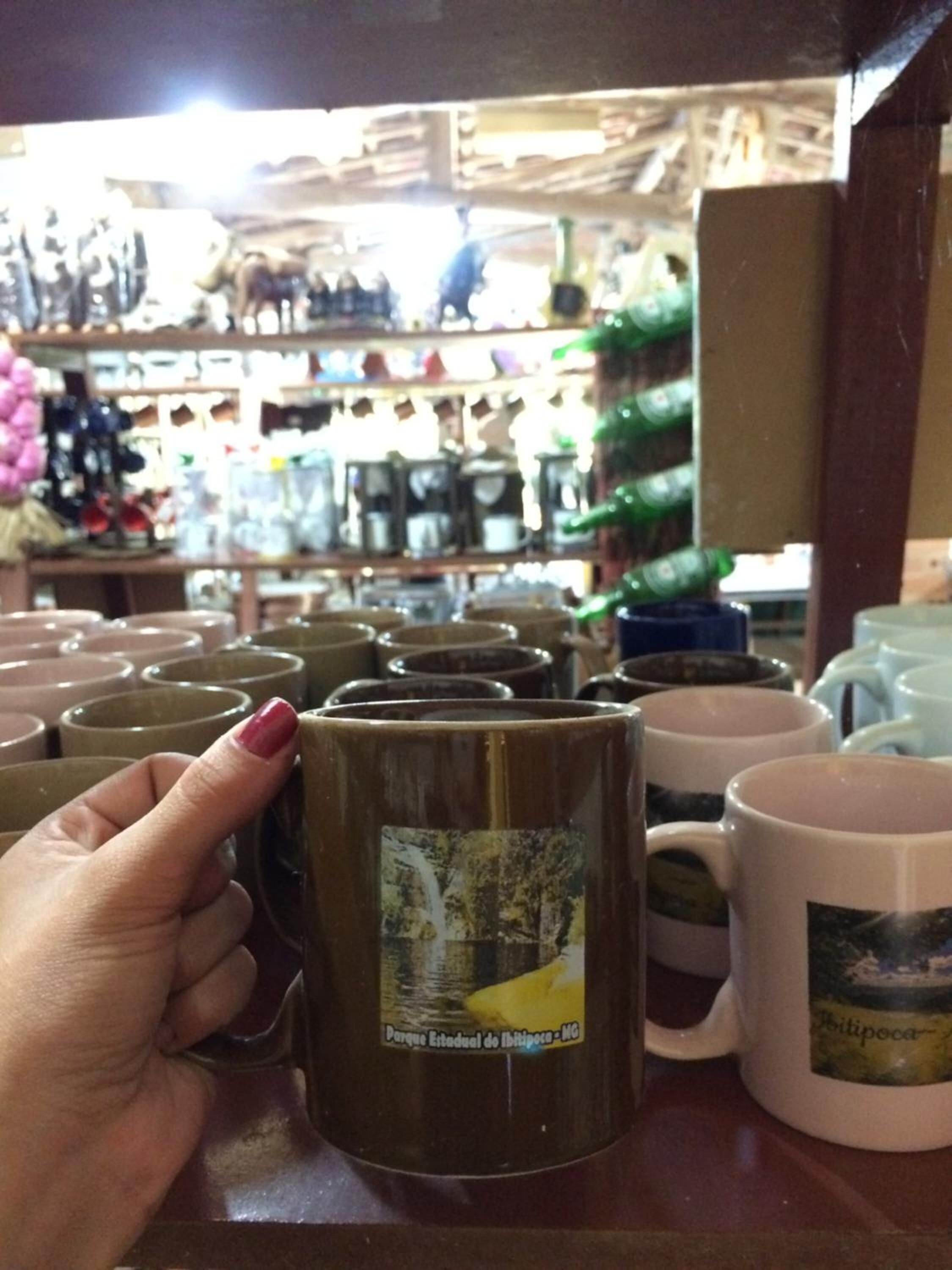 Una mano sosteniendo una taza con un diseño de paisaje natural.