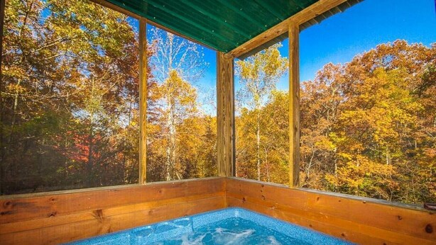Een hottub met een houten terras en grote ramen met uitzicht op een bos.