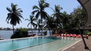 A clear swimming pool with red lounge chairs and palm trees, overlooking a body of water.