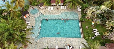 2 outdoor pools, pool umbrellas, pool loungers