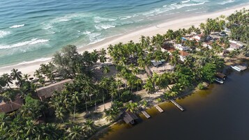 Vista aérea de una zona costera con playa, palmeras y un muelle con barcos.