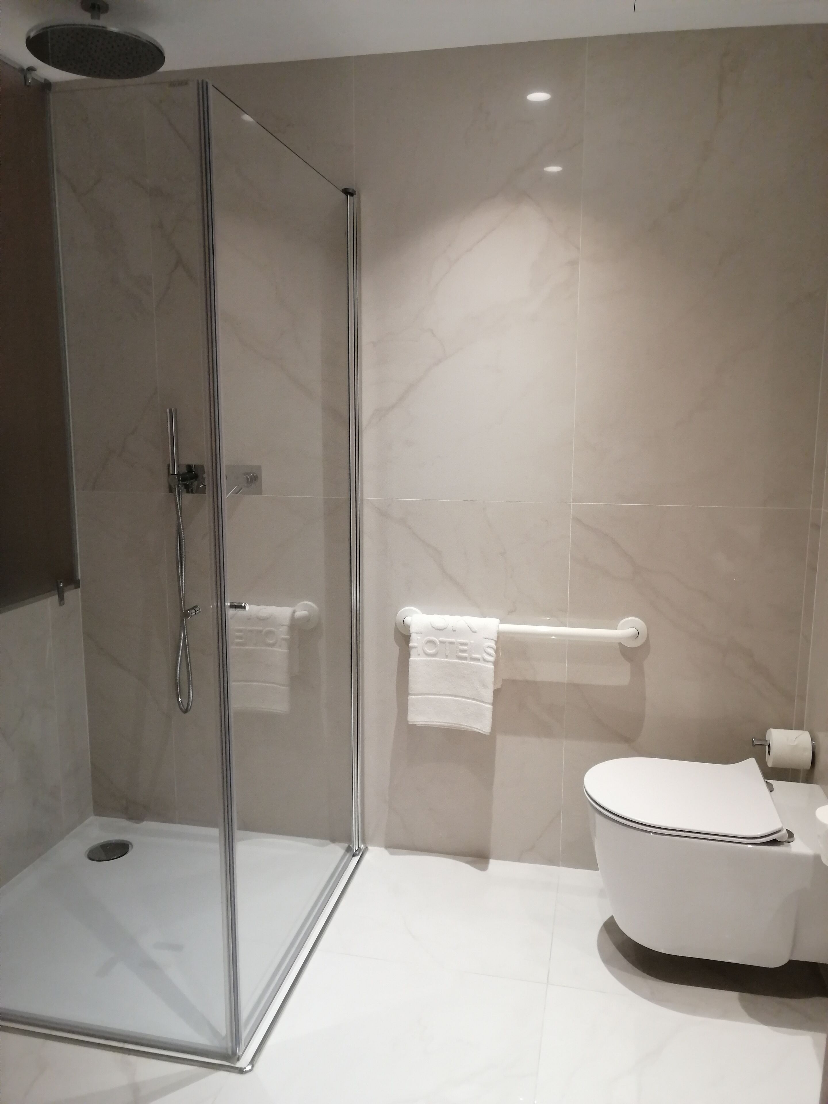 Ett modernt badrum med en dusch som är avskärmad med glasväggar, en toalett och en handduksställning.