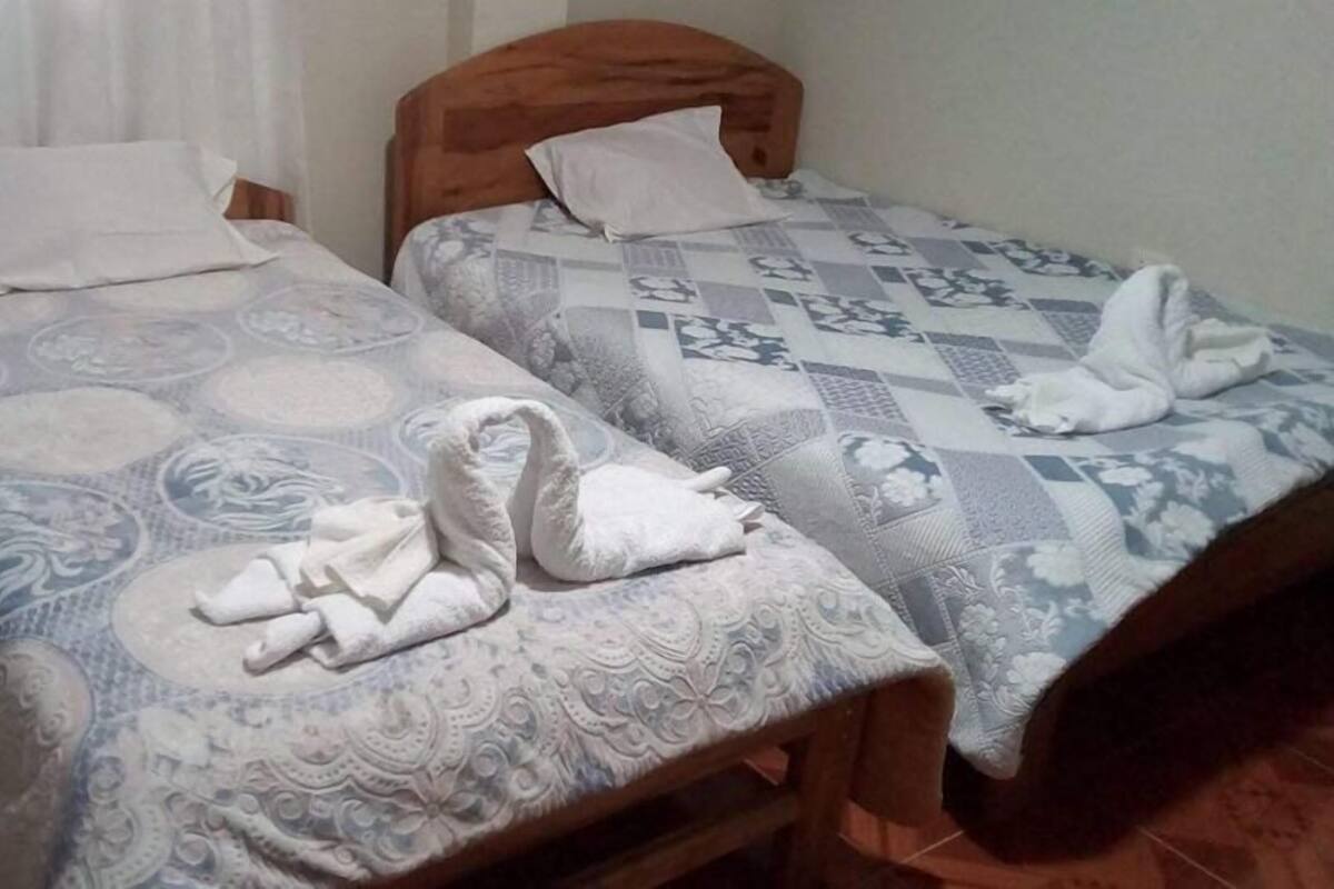 Two single beds with patterned bedding, wooden headboards, and white pillows.