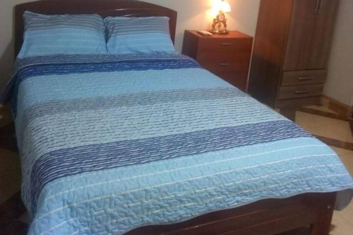 A bedroom with a bed, a nightstand, a lamp, and a wardrobe.