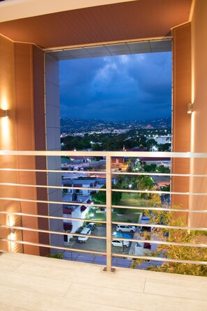 A balcony with a view of a cityscape at dusk, featuring a railing and a clear sky. - 20 South Kingston Luxury Apartment (Kingston)