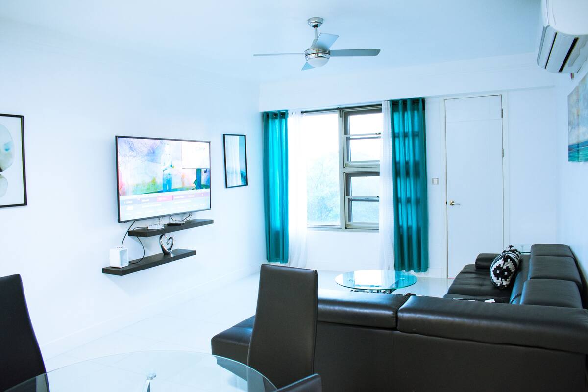 luxury apartment, 1 bedroom, non smoking | living area | 50-inch flat-screen tv with cable channels, tv, dvd player