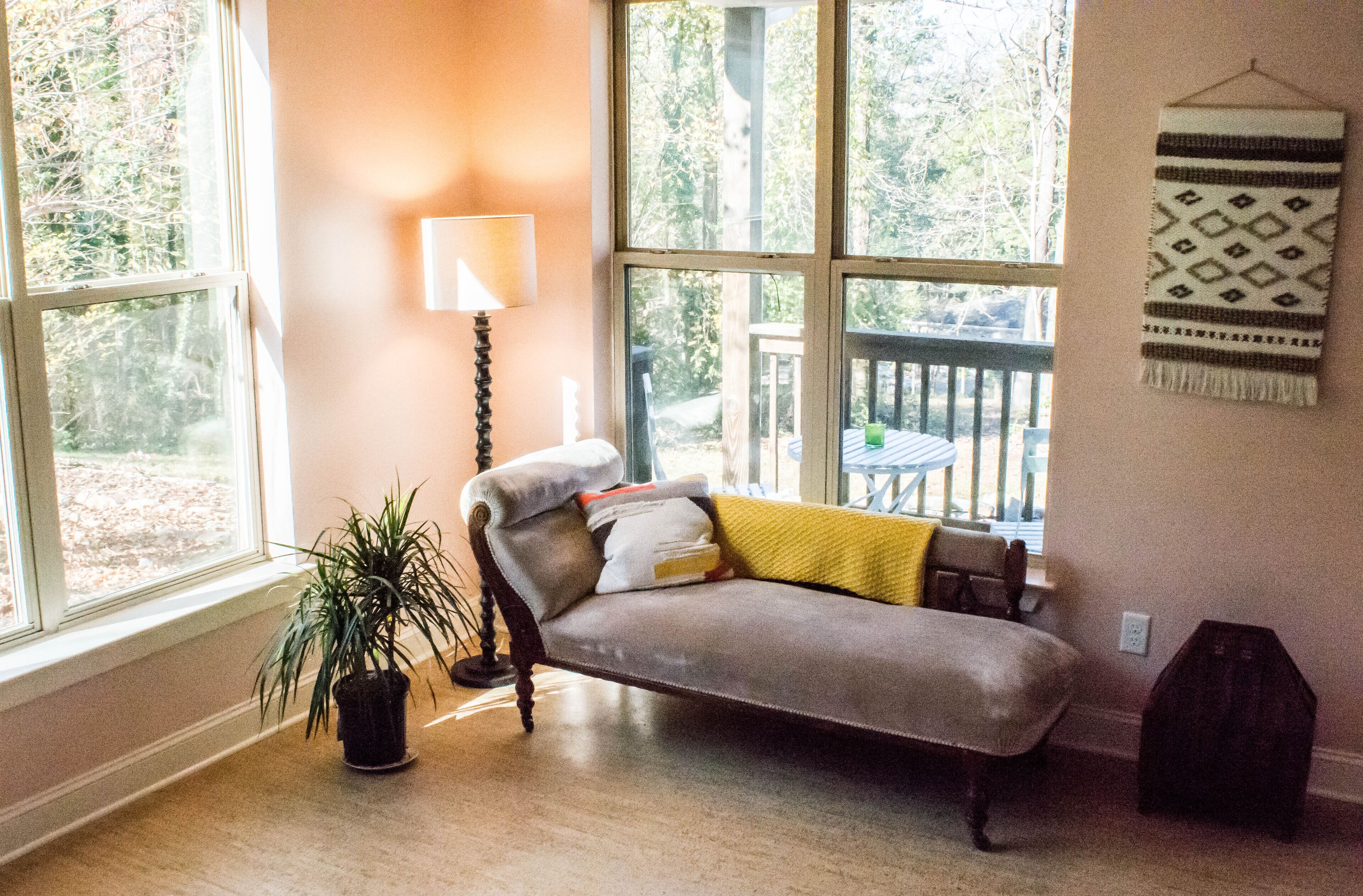 A cozy room with a sofa, a lamp, and a potted plant.