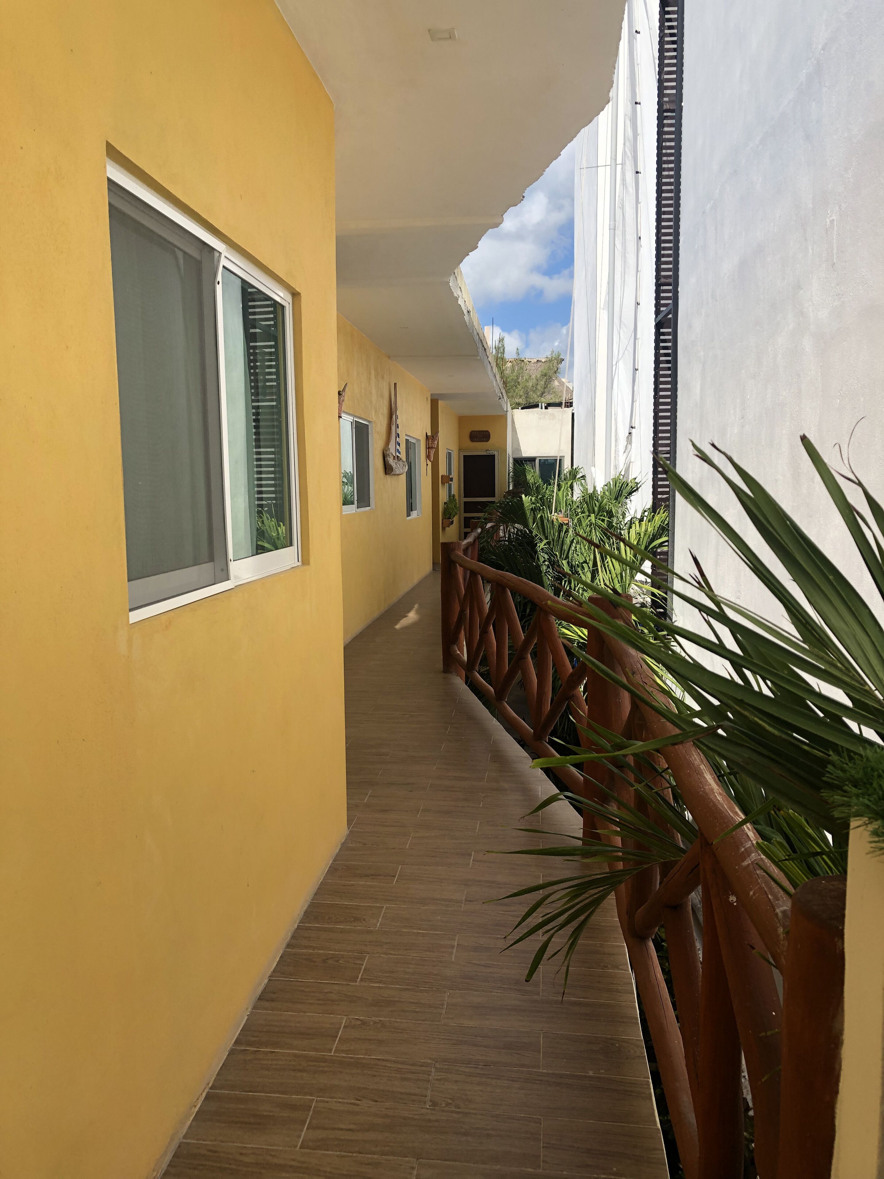 A corridor with yellow walls, wooden flooring, and a railing with plants.